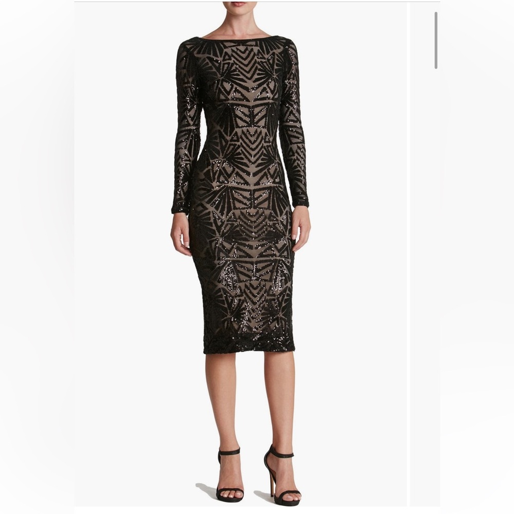 Emery Dress the Population Black Sequin Midi Dress NWT